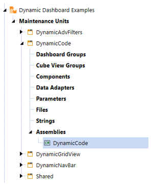 Blue highlight box over Dynamic Code under Assemblies.